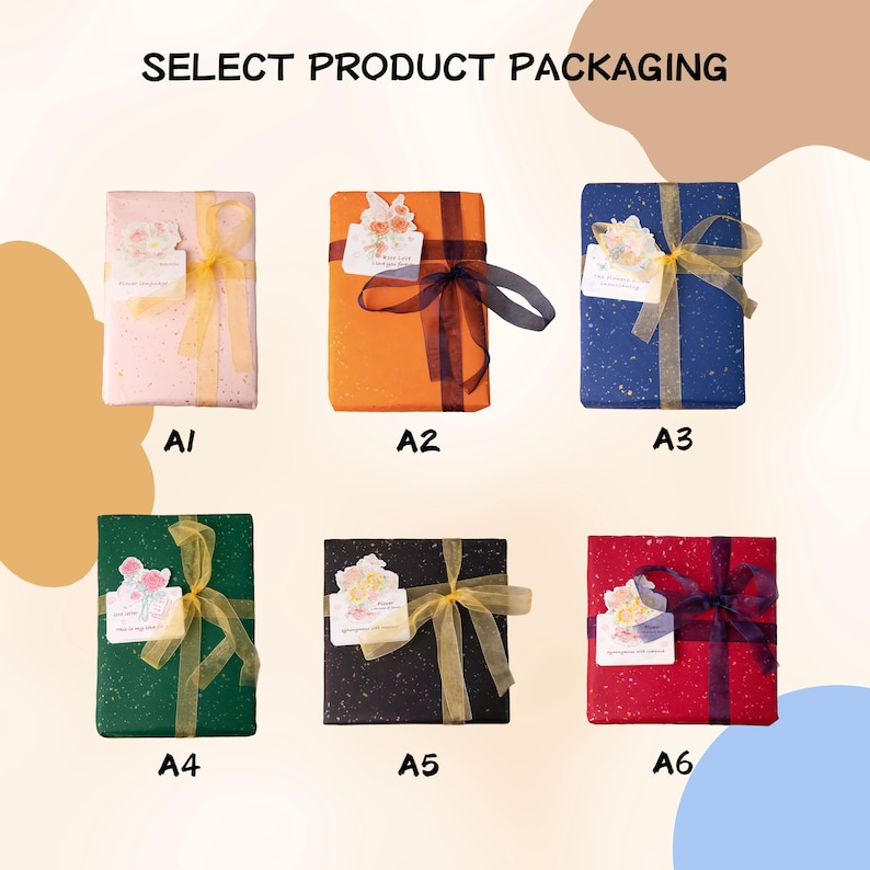 May include: Six rectangular gift packages labelled A1 through A6, each wrapped in solid-coloured paper with gold speckles, tied with sheer ribbons, and adorned with a floral gift tag. The text SELECT PRODUCT PACKAGING appears at the top.