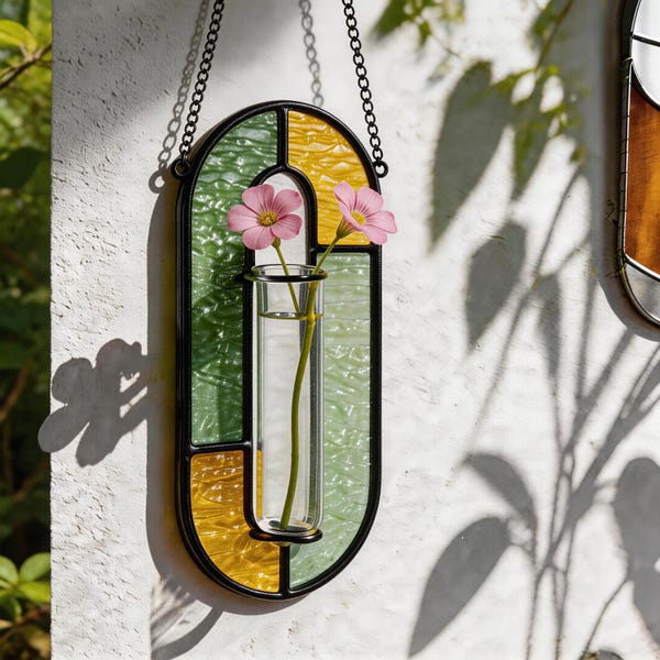Stained Glass Hanging Flower Vase, Window Propagation Vase Suncatcher, Handmade Glass Wall Planter, Plant Lover Gift, Home Decor