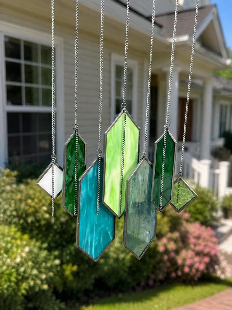 Geometric Glass Wind Chime, Stained Glass Suncatcher, Window Hanging Decor, Boho Home Decor, Housewarming Gift image 8