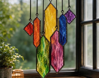 Rainbow Stained Glass Wind Chime, Geometric Suncatcher, Colorful Window Hanging, Garden Patio Decor, Sun Catcher Gift for Her