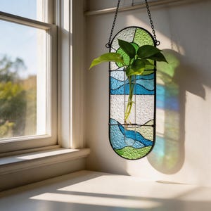 Könnte beinhalten: Hängender Glasmalerei-Pflanztopf mit einem schwarzen Metallrahmen. Das Glas zeigt ein Design aus blauen, grünen und weißen Abschnitten. Ein klares Glasrohr hält eine grüne Pflanze mit mehreren Blättern. Der Pflanztopf hängt an einer Kette.