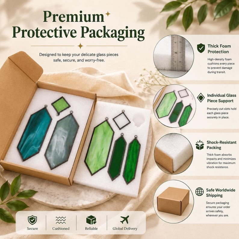 May include: A brown cardboard box containing white foam inserts with cutouts for various green stained glass geometric shapes. A metal ruler shows the foam thickness. Text includes Premium Protective Packaging and feature descriptions.