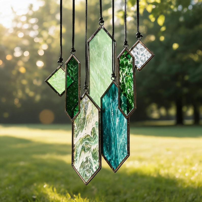 Geometric Glass Wind Chime, Stained Glass Suncatcher, Window Hanging Decor, Boho Home Decor, Housewarming Gift Style 1