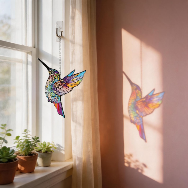 Puede incluir: Un atrapasoles de colibr&iacute; colorido cuelga frente a una ventana. El p&aacute;jaro tiene un pico largo y alas extendidas, con un arco&iacute;ris de colores que incluyen azul, morado y amarillo. El atrapasoles est&aacute; suspendido por una cadena.