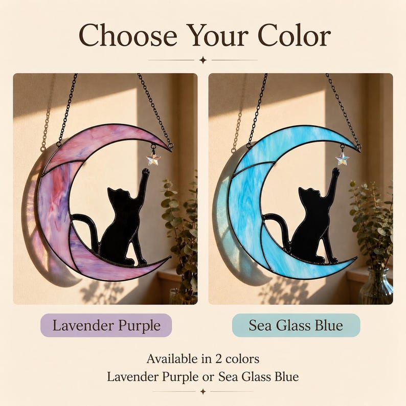Moon Cat Stained Glass Suncatcher, Black Cat Window Hanging Decor, Cat Lover Gift, Celestial Moon Decor, Pet Memorial Gift image 13