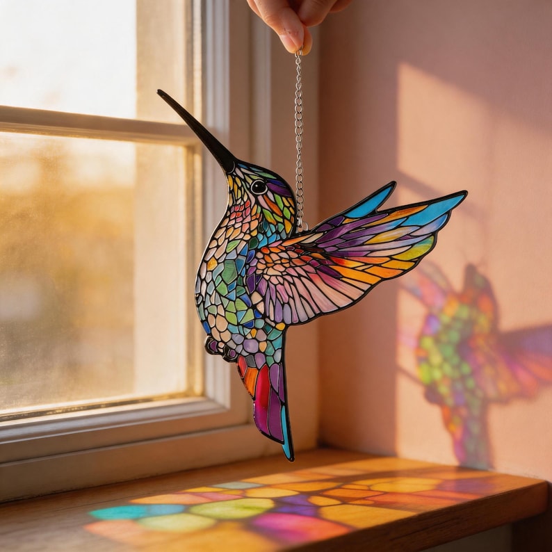 Puede incluir: Un colorido atrapasoles de colibr&iacute; con un pico largo y alas extendidas. El dise&ntilde;o de vidrieras presenta un patr&oacute;n de mosaico de azules, verdes, naranjas y morados. Cuelga de una cadena plateada, proyectando colores del arco&iacute;ris.
