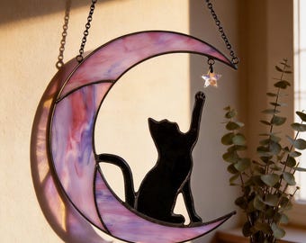 Stained Glass Moon Cat Suncatcher | Celestial Window Hanging | Gift For Mother's Day | Cat Memorial Gifts