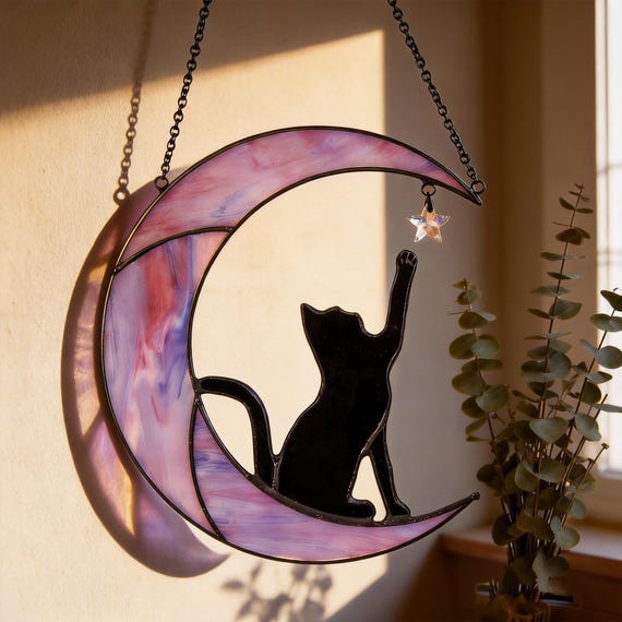 Moon Cat Stained Glass Suncatcher, Black Cat Window Hanging Decor, Cat Lover Gift, Celestial Moon Decor, Pet Memorial Gift