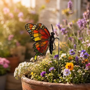 Peut inclure: Un piquet de jardin en forme de papillon coloré, avec des ailes en vitrail orange, jaune et rouge. Le corps en métal noir est fixé à un mince piquet métallique, planté dans un pot de fleurs.