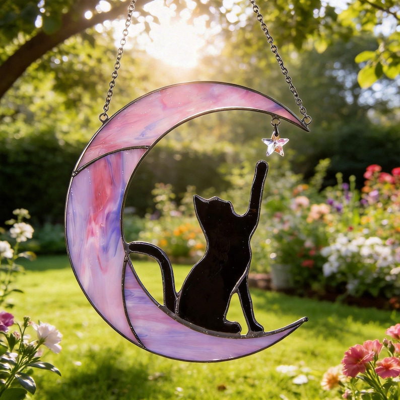 May include: A stained glass suncatcher shaped like a crescent moon in shades of pink, purple, and white. A black cat silhouette sits on the moon, reaching up with one paw towards a small, clear, faceted star charm hanging from the moon's tip.