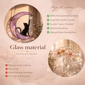 May include: A stained glass suncatcher featuring a black cat silhouette reaching for a small star within a crescent moon frame, alongside a separate hanging ornament with multiple pink flower-shaped glass crystals and clear teardrop pendants.