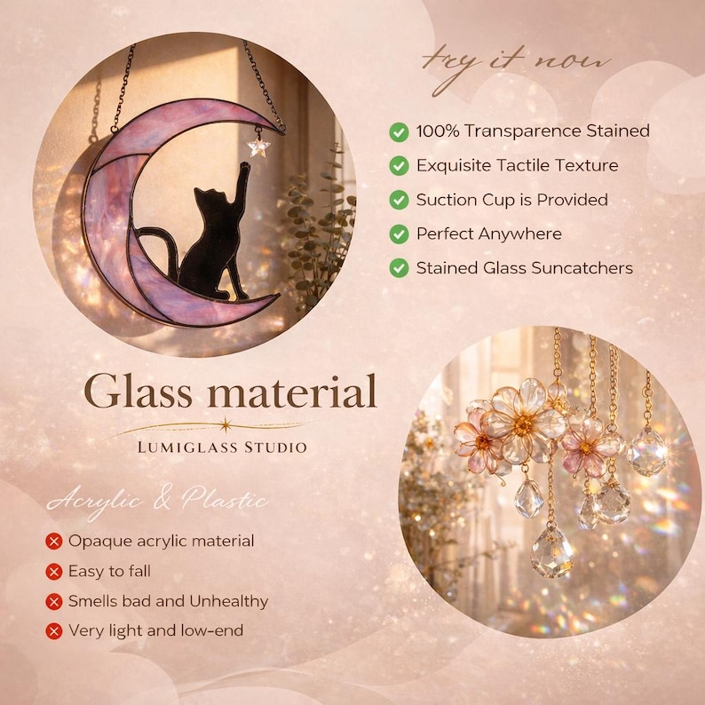 May include: A stained glass suncatcher featuring a black cat silhouette reaching for a small star within a crescent moon frame, alongside a separate hanging ornament with multiple pink flower-shaped glass crystals and clear teardrop pendants.