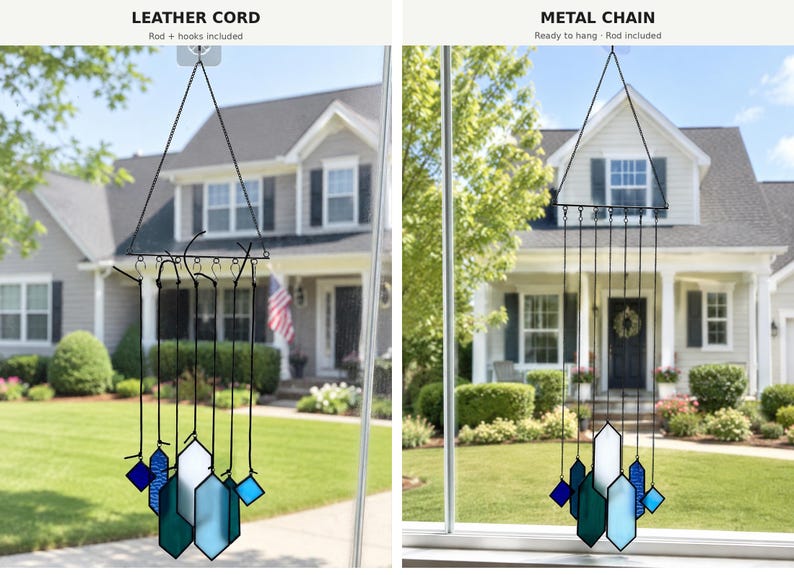 May include: Two hanging suncatchers featuring geometric stained glass pieces in shades of blue and white. The left version uses a black leather cord, while the right version uses a black metal chain. Both include a rod and hooks for hanging.