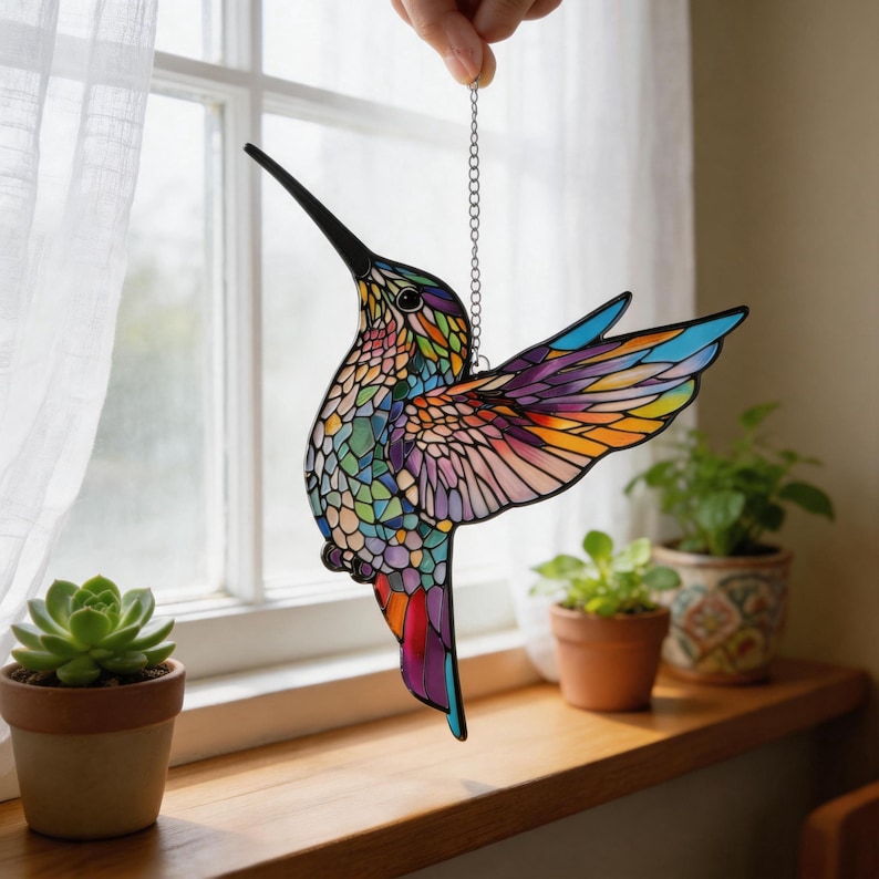 Puede incluir: Un colibr&iacute; de vidriera con un largo pico negro y alas extendidas. El ave presenta un mosaico de colores vibrantes, incluyendo azul, verde, morado y naranja. Cuelga de una cadena plateada, ideal para la decoraci&oacute;n de ventanas.