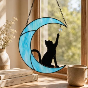 Moon Cat Stained Glass Suncatcher, Black Cat Window Hanging Decor, Cat Lover Gift, Celestial Moon Decor, Pet Memorial Gift image 9