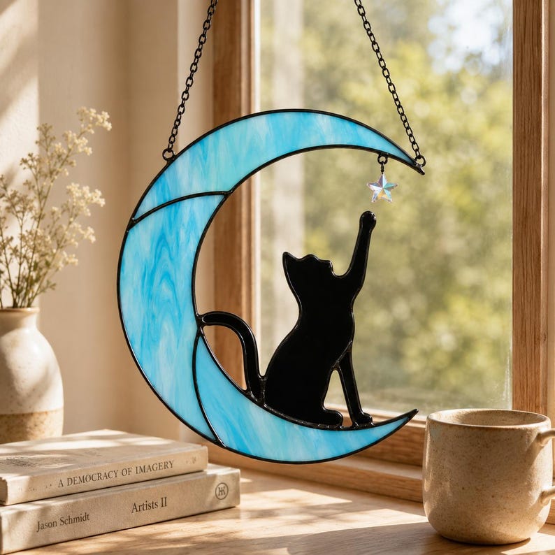 Moon Cat Stained Glass Suncatcher, Black Cat Window Hanging Decor, Cat Lover Gift, Celestial Moon Decor, Pet Memorial Gift image 9