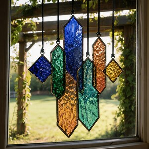 Geometric Glass Wind Chime, Stained Glass Suncatcher, Window Hanging Decor, Boho Home Decor, Housewarming Gift Style 2