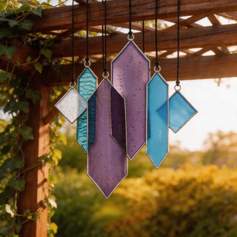 May include: A hanging mobile composed of multiple geometric stained glass pieces in shades of purple, blue, and clear white. Each piece is framed in metal and suspended by black cords, featuring various shapes including diamonds and elongated hexagons.