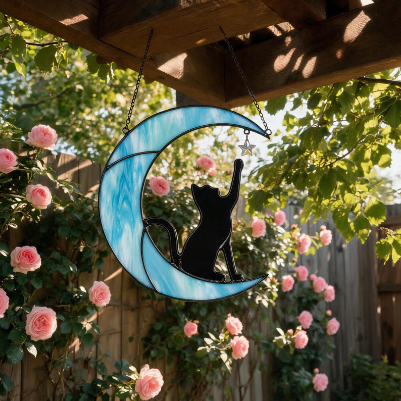 Moon Cat Stained Glass Suncatcher, Black Cat Window Hanging Decor, Cat Lover Gift, Celestial Moon Decor, Pet Memorial Gift image 19