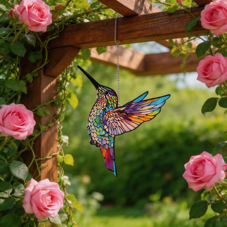 Puede incluir: Un atrapasoles de colibr&iacute; colorido con efecto de vidriera, colgado de una cadena. El ave presenta tonos vibrantes de azul, verde, naranja y morado. El fondo incluye rosas rosas y un enrejado de madera, creando un tema de jard&iacute;n.
