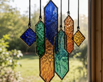 Stained Glass Wind Chime Suncatcher, Colorful Geometric Window Hanging, Handmade Glass Sun Catcher, Boho Garden Decor, Housewarming Gift