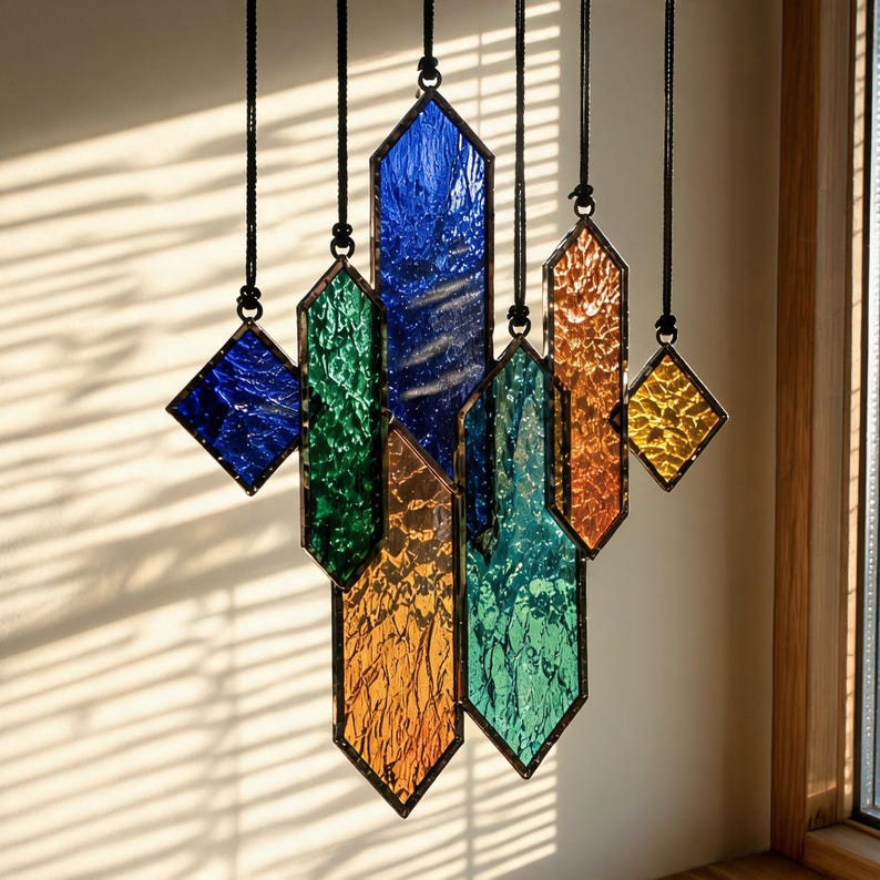 May include: A hanging stained glass suncatcher composed of seven geometric pieces in blue, green, orange, and yellow. Each textured glass panel is framed in dark metal and suspended by individual black cords, creating a vertical arrangement.