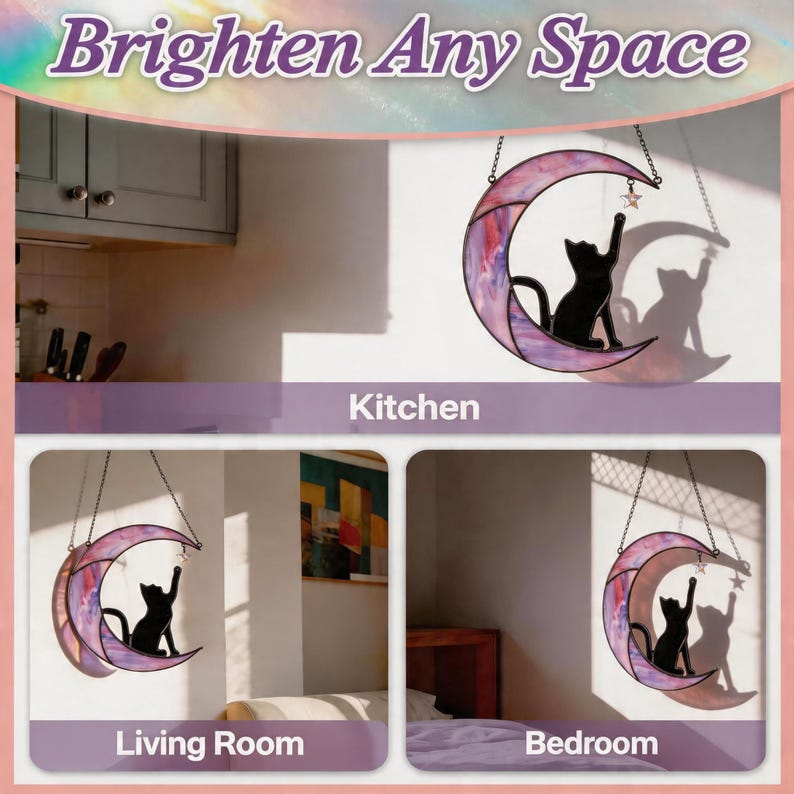 May include: A stained glass suncatcher featuring a crescent moon in shades of purple and pink with a black cat silhouette reaching for a small hanging star. The piece is suspended by a metal chain and casts a shadow on the wall behind it.