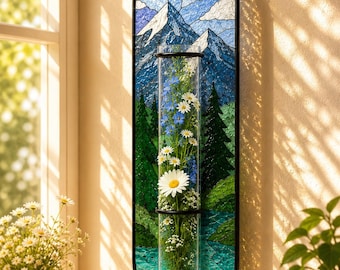 Mountain Landscape Stained Glass Vase Suncatcher, Hanging Glass Flower Tube Decor, Nature Window Hanging, Rustic Cabin Decor