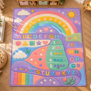 May include: A rectangular area rug featuring a colorful educational design with a rainbow, numbers one through ten, the alphabet from A to Z, basic geometric shapes, and mathematical symbols in shades of purple, blue, pink, yellow, and green.