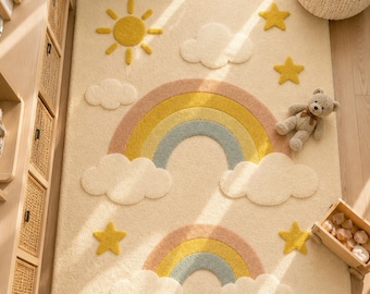 Alfombra infantil arcoíris / Alfombra infantil de tonos pastel suaves / Alfombra de lana tejida a mano