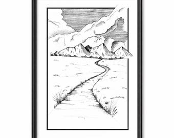Paisaje con sendero y montañas – Dibujo original a pluma y tinta – Descarga digital en formato A4