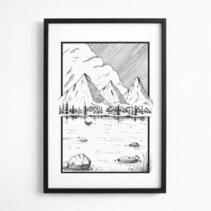Stampa Paesaggio Montagna Lago | Arte Pen & Ink Bianco e Nero | Download Digitale