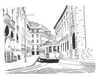 Tranvía de Lisboa – Dibujo a tinta – Impresión digital en blanco y negro tamaño A3
