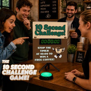 May include: A 10 Second Challenge game sign on a tripod stand with a digital timer displaying 00:00:00, featuring a cartoon coffee cup character and text that reads: Stop the timer at 10:00 to win a free coffee! Includes a large green button.