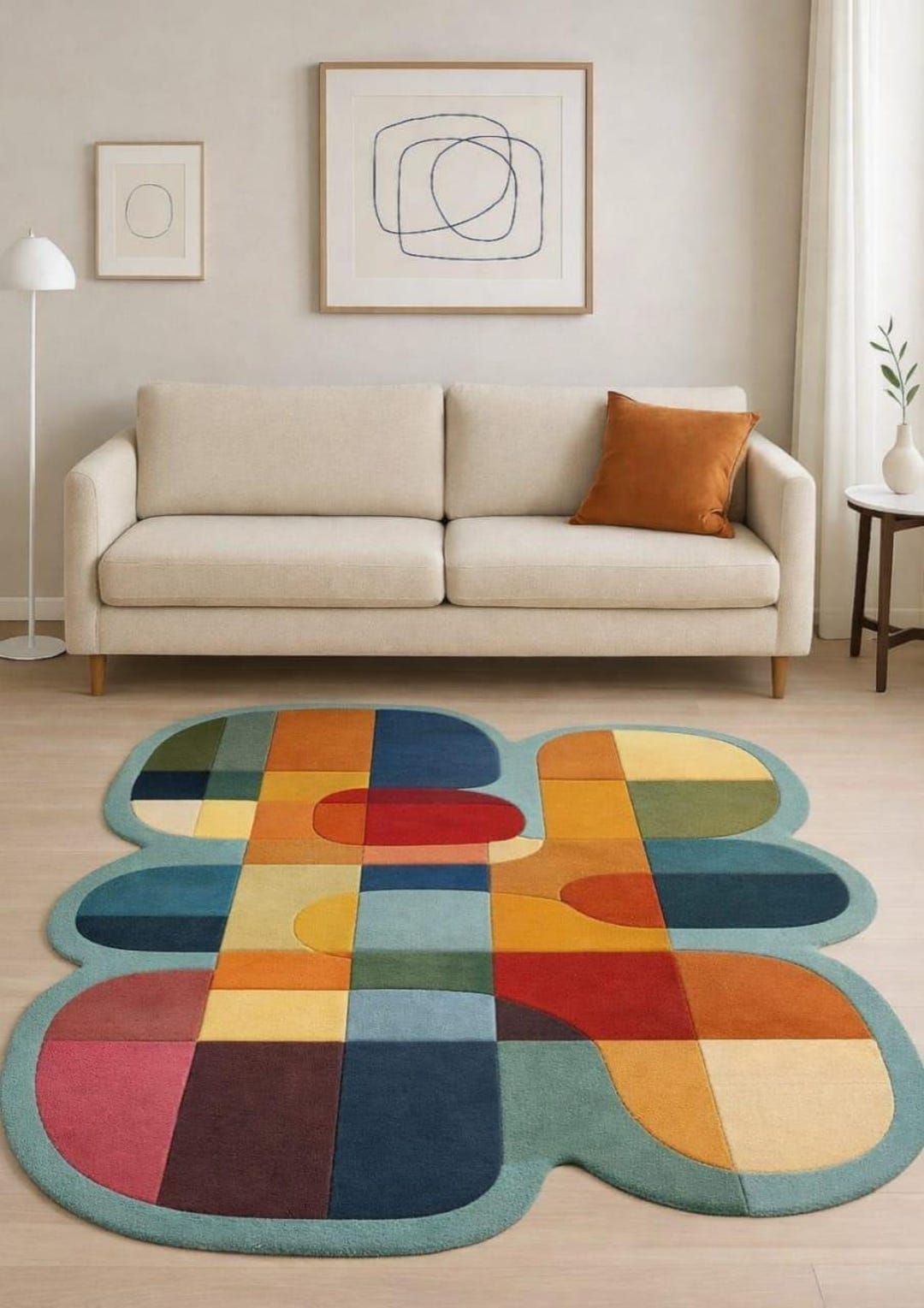 Colorful Rugs Above Hand Tufted Rug Art Above: A Modern Living Room With Bold Abstract ...