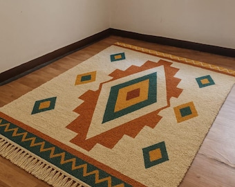 Hand knotted rug“Bohemian Earth-Tone Hand-Knotted Wool Rug