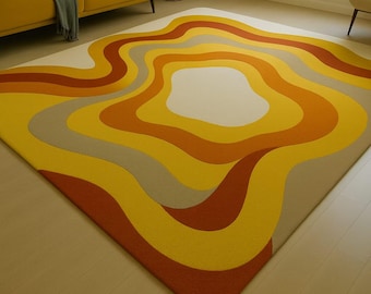 A Stylish Modern Living Room Featuring a Retro-Inspired Abstract Area Rug with Warm Yellow,