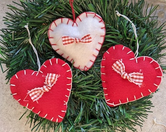 Three Handsewn Felt Heart Ornaments