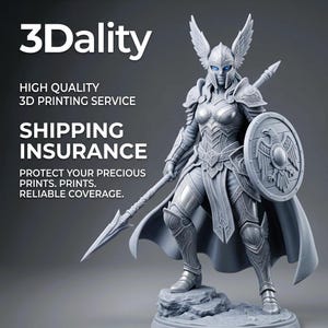 May include: A detailed 3D-printed figurine of a warrior woman in silver armor, holding a spear and shield with an eagle emblem. The figure stands on a rocky base. The image includes the text "3Dality" and "HIGH QUALITY 3D PRINTING SERVICE".