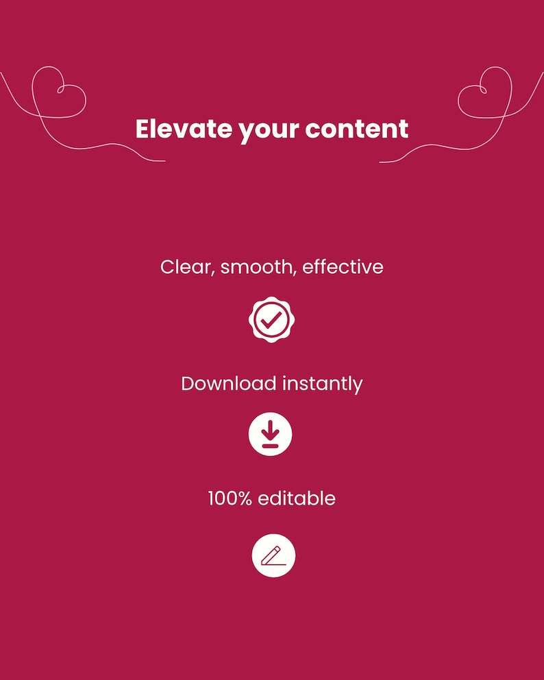 K&ouml;nnte beinhalten: Digitale Grafik auf magentafarbenem Hintergrund mit dem Text "Elevate your content". Zus&auml;tzlicher Text lautet "Clear, smooth, effective", "Download instantly" und "100% editable". Wei&szlig;e Strichzeichnungen von Herzen und Symbolen sind ebenfalls vorhanden.