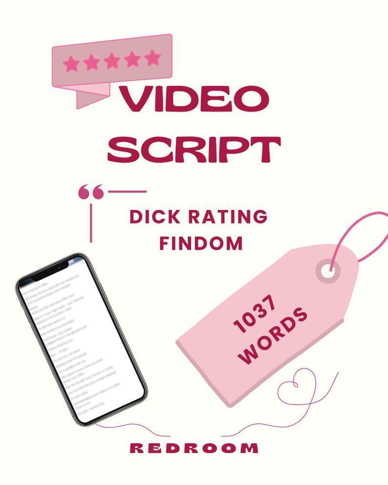 K&ouml;nnte beinhalten: Grafik mit den Worten "VIDEO SCRIPT" in Burgunderrot. Darunter wird der Text "DICK RATING FINDOM" angezeigt. Ein Smartphone und ein rosa Etikett mit "1037 WORDS" sind ebenfalls abgebildet. Das Wort "REDROOM" steht unten.