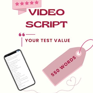 May include: A graphic with the words "VIDEO SCRIPT" in dark pink, along with a smartphone displaying text and a pink tag that says "550 WORDS". The text "YOUR TEST VALUE" is also present. The word "REDROOM" is at the bottom.