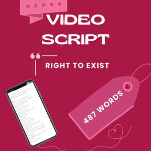 May include: A magenta graphic with the words "VIDEO SCRIPT" and "RIGHT TO EXIST". A smartphone displays text, and a pink tag reads "487 WORDS". The word "REDROOM" is at the bottom. Five pink stars are at the top.