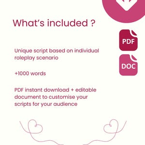 K&ouml;nnte beinhalten: Ein wei&szlig;es Grafikdesign mit dem Text "What's included?" und Details zu einem Skript, einschlie&szlig;lich "+1000 words". Das Bild zeigt auch PDF- und DOC-Symbole, einen Download-Pfeil und das Wort "REDROOM".