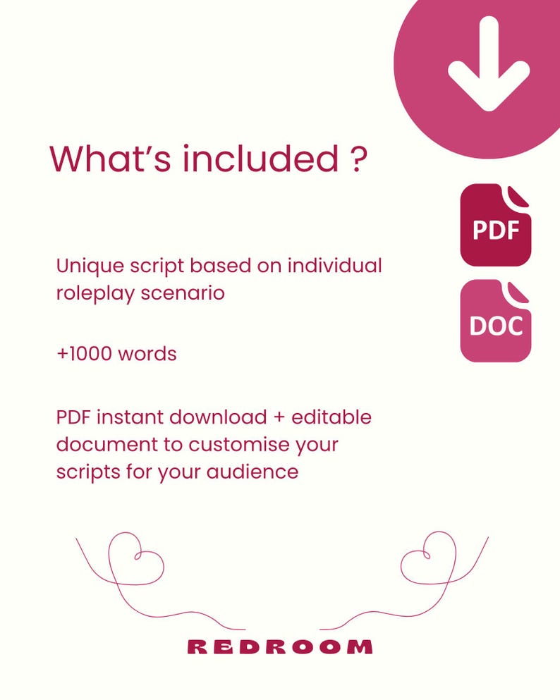 K&ouml;nnte beinhalten: Ein wei&szlig;es Grafikdesign mit dem Text "What's included?" und Details zu einem Skript, einschlie&szlig;lich "+1000 words". Das Bild zeigt auch PDF- und DOC-Symbole, einen Download-Pfeil und das Wort "REDROOM".