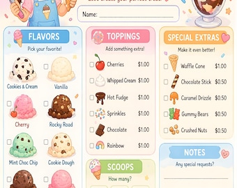 Bloc de notas de heladería / Actividad de juego de rol infantil sobre postres (PDF tamaño A5)