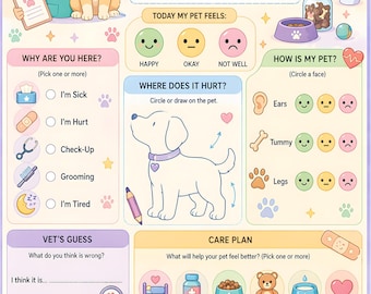 Ficha de paciente de clínica veterinaria infantil / Juego de veterinario para imprimir en PDF (A5)