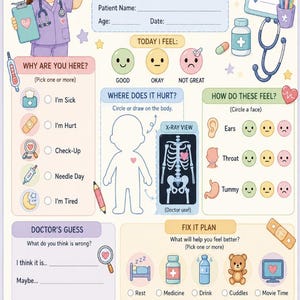 Può includere: Un colorato grafico del paziente "Little Nurse" con un'illustrazione di un'infermiera dei cartoni animati. Il grafico include sezioni per le informazioni del paziente, i sentimenti, la posizione del dolore e un piano di riparazione. Con stetoscopio, medicine e un orsacchiotto.