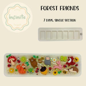 K&ouml;nnte beinhalten: Eine wei&szlig;e rechteckige Schale mit Waldmotiven, darunter ein Pilz, ein Eichh&ouml;rnchen, ein B&auml;r und eine Eule. Der Text "FOREST FRIENDS" und "7 DAYS, SINGLE SECTION" ist &uuml;ber der Schale abgebildet.