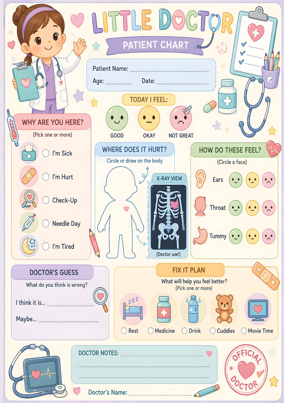 Little Doctor Patient Chart Printable | Kids Medical Role Play Activity ...